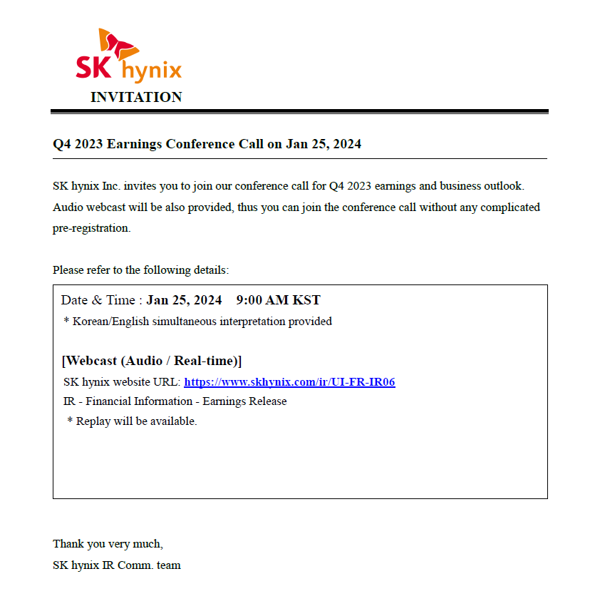 SK hynix Q4 2023 Earnings Conference Call Invitation