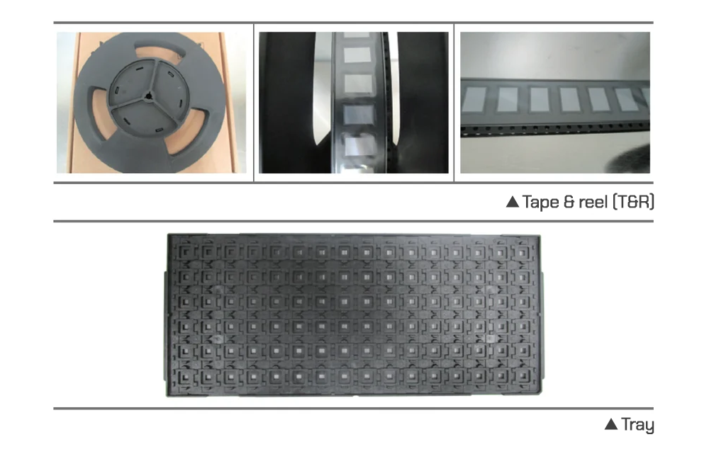 Tape and reel packaging (above) and a tray (below) Tape and reel packaging (above) and a tray (below)