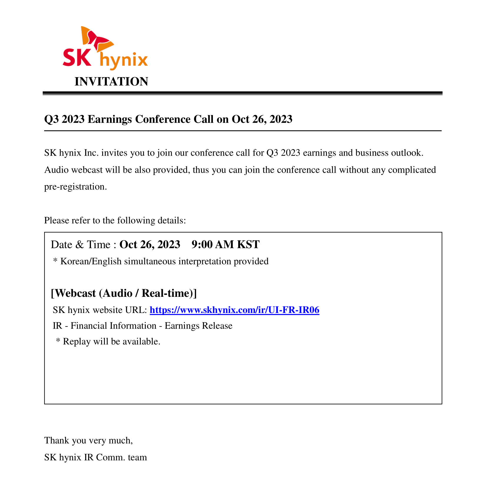SK hynix_Q3 2023 Earnings Conference Call Invitation