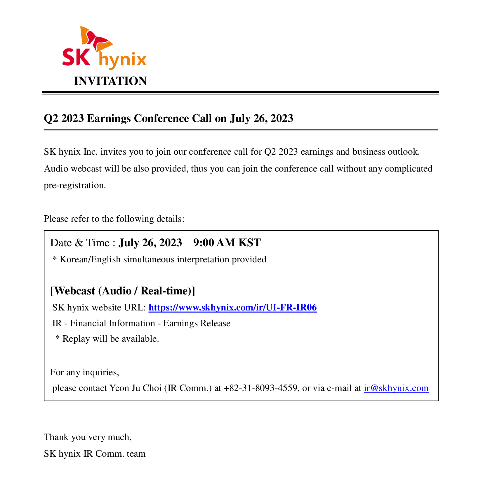 Q2 2023 Earnings Conference Call Invitation Q2 2023 Earnings Conference Call Invitation