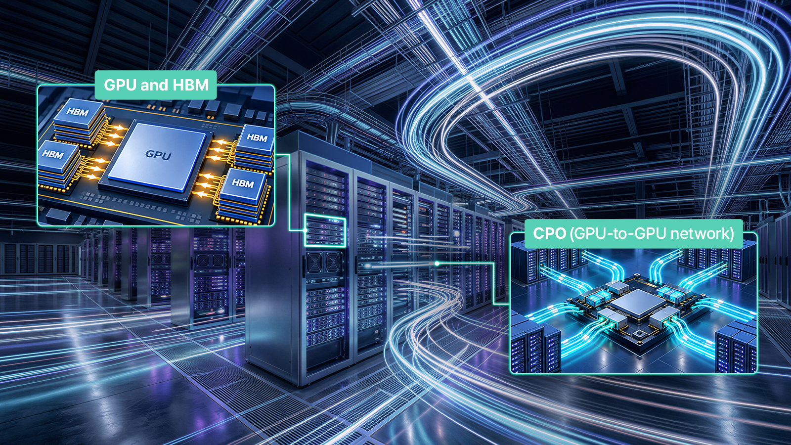 ▲ HBM reduces the distance that data must travel within the same package as the GPU, while CPO improves data transfer efficiency across networks connecting multiple GPU systems.
